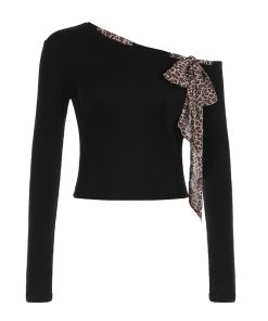 Vintage Leopard Print Tie Shoulder Long Sleeve Off-Shoulder T-Shirt - Waist-Defining Black Top for Spring Autumn Fashion 2025