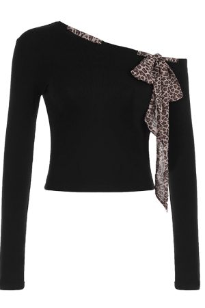 Vintage Leopard Print Tie Shoulder Long Sleeve Off-Shoulder T-Shirt - Waist-Defining Black Top for Spring Autumn Fashion 2025