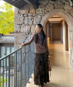 Vintage Leopard Print Velvet Midi Skirt for Women, Pleated A-Line Design, Perfect for 90s and Y2K Fashion Styles