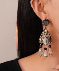 Vintage Light Luxury Diamond-Studded Oval Water Drop Tassel Crystal Earrings for Elegant Evening Wear