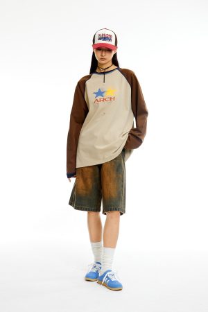 Vintage Logo Raglan Sleeve Long Tee with Roaring Beast Design - 90s Inspired Streetwear Top