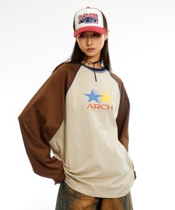 Vintage Logo Raglan Sleeve Long Tee with Roaring Beast Design - 90s Inspired Streetwear Top