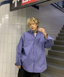 Vintage Loose Blue Plaid Long Sleeve Shirt for Men & Women - Casual Embroidered Jacket in Spring Autumn Trendy Style