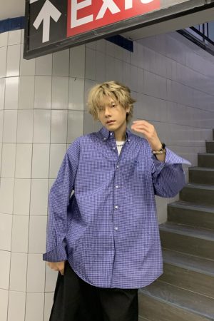 Vintage Loose Blue Plaid Long Sleeve Shirt for Men & Women - Casual Embroidered Jacket in Spring Autumn Trendy Style