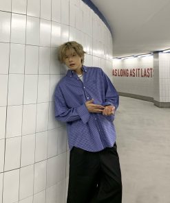 Vintage Loose Blue Plaid Long Sleeve Shirt for Men & Women - Casual Embroidered Jacket in Spring Autumn Trendy Style