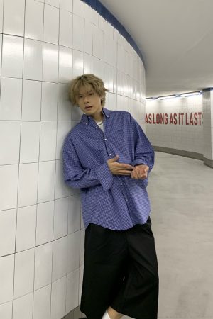 Vintage Loose Blue Plaid Long Sleeve Shirt for Men & Women - Casual Embroidered Jacket in Spring Autumn Trendy Style