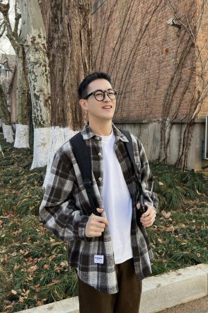 Vintage Loose Brushed Plaid Shirt Jacket for Men - Trendy American Casual Wear for Autumn and Winter