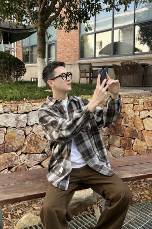 Vintage Loose Brushed Plaid Shirt Jacket for Men - Trendy American Casual Wear for Autumn and Winter