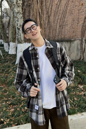 Vintage Loose Brushed Plaid Shirt Jacket for Men - Trendy American Casual Wear for Autumn and Winter