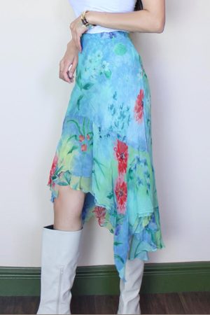 Vintage Monet-Inspired Plant Print Half-Length Skirt - Irregular Short Front & Long Back Design, Perfect for 90s and Y2K Fashion
