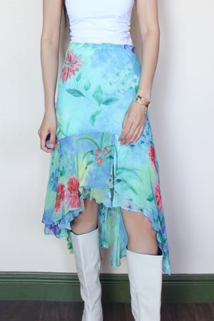 Vintage Monet-Inspired Plant Print Half-Length Skirt - Irregular Short Front & Long Back Design, Perfect for 90s and Y2K Fashion