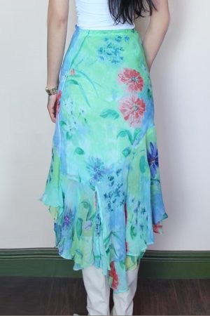Vintage Monet-Inspired Plant Print Half-Length Skirt - Irregular Short Front & Long Back Design, Perfect for 90s and Y2K Fashion