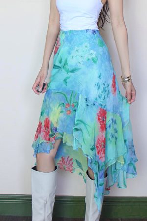 Vintage Monet-Inspired Plant Print Half-Length Skirt - Irregular Short Front & Long Back Design, Perfect for 90s and Y2K Fashion
