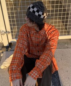 Vintage Orange Plaid Long Sleeve Shirt for Men and Women, Loose Casual High Street Couple Jacket for Spring and Autumn