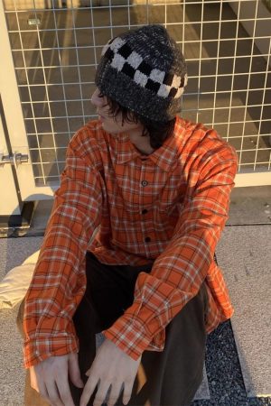 Vintage Orange Plaid Long Sleeve Shirt for Men and Women, Loose Casual High Street Couple Jacket for Spring and Autumn