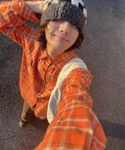 Vintage Orange Plaid Long Sleeve Shirt for Men and Women, Loose Casual High Street Couple Jacket for Spring and Autumn