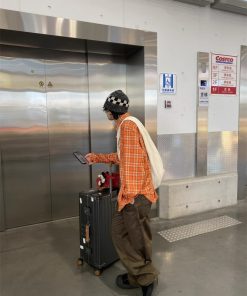 Vintage Orange Plaid Long Sleeve Shirt for Men and Women, Loose Casual High Street Couple Jacket for Spring and Autumn