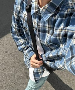 Vintage Oversized Blue Plaid Long Sleeve Shirt Jacket for Men and Women - Casual 90s Style Spring Autumn Fashion