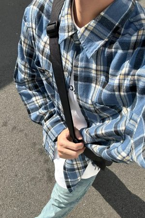 Vintage Oversized Blue Plaid Long Sleeve Shirt Jacket for Men and Women - Casual 90s Style Spring Autumn Fashion