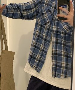 Vintage Oversized Blue Plaid Long Sleeve Shirt Jacket for Men and Women - Casual 90s Style Spring Autumn Fashion