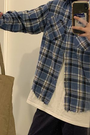 Vintage Oversized Blue Plaid Long Sleeve Shirt Jacket for Men and Women - Casual 90s Style Spring Autumn Fashion