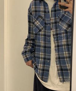 Vintage Oversized Blue Plaid Long Sleeve Shirt Jacket for Men and Women - Casual 90s Style Spring Autumn Fashion