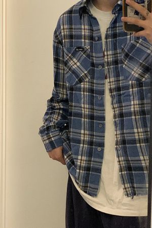 Vintage Oversized Blue Plaid Long Sleeve Shirt Jacket for Men and Women - Casual 90s Style Spring Autumn Fashion