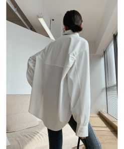 Vintage Oversized Jacket-Style Shirt for Women, White Loose Draping Top, Unique Design, Casual Fashion