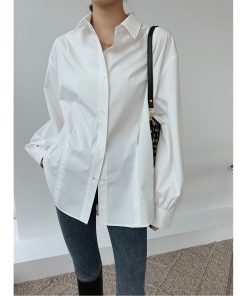 Vintage Oversized Jacket-Style Shirt for Women, White Loose Draping Top, Unique Design, Casual Fashion