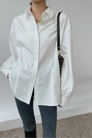 Vintage Oversized Jacket-Style Shirt for Women, White Loose Draping Top, Unique Design, Casual Fashion