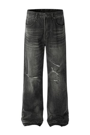 Vintage Paint-Stained Distressed Ripped Jeans with Cat Whiskers - American High Street Style, 90s-Inspired Denim Fashion