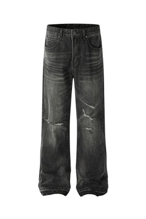 Vintage Paint-Stained Distressed Ripped Jeans with Cat Whiskers - American High Street Style, 90s-Inspired Denim Fashion