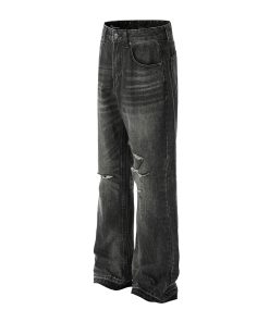 Vintage Paint-Stained Distressed Ripped Jeans with Cat Whiskers - American High Street Style, 90s-Inspired Denim Fashion