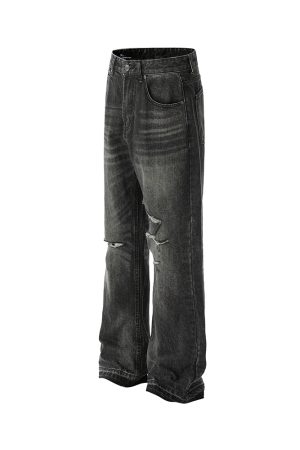 Vintage Paint-Stained Distressed Ripped Jeans with Cat Whiskers - American High Street Style, 90s-Inspired Denim Fashion