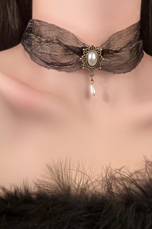 Vintage Palace Style Pearl Pendant Necklace, Sheer Silk Ethnic Choker, Elegant Neck Chain, Boho Jewelry Accessory