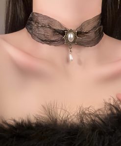 Vintage Palace Style Pearl Pendant Necklace, Sheer Silk Ethnic Choker, Elegant Neck Chain, Boho Jewelry Accessory