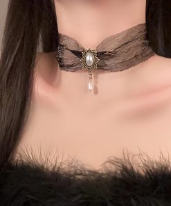 Vintage Palace Style Pearl Pendant Necklace, Sheer Silk Ethnic Choker, Elegant Neck Chain, Boho Jewelry Accessory