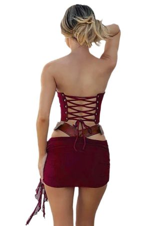 Vintage Palace Style Strapless Top with Leather Hollow-Out Waist Bag & Hip-Hugging Skirt Set for Women - Chic Y2K Fashion