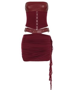 Vintage Palace Style Strapless Top with Leather Hollow-Out Waist Bag & Hip-Hugging Skirt Set for Women - Chic Y2K Fashion