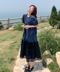 Vintage Patchwork Denim Dress for Women - 2025 Summer Loose Color-Block Long Dress with Embroidery - Boho Style