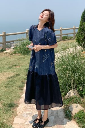 Vintage Patchwork Denim Dress for Women - 2025 Summer Loose Color-Block Long Dress with Embroidery - Boho Style
