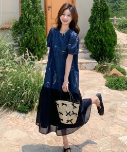 Vintage Patchwork Denim Dress for Women - 2025 Summer Loose Color-Block Long Dress with Embroidery - Boho Style