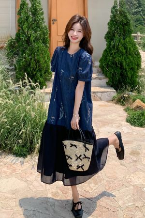Vintage Patchwork Denim Dress for Women - 2025 Summer Loose Color-Block Long Dress with Embroidery - Boho Style