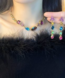 Vintage Pearl Colored Crystal Earring and Necklace Set - Retro Fashion Choker Clavicle Chain Accessories