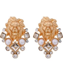 Vintage Pearl Earrings with Diamond-Studded Lion Head, Court Style, Imitation Pearl Design, Elegant Statement Jewelry