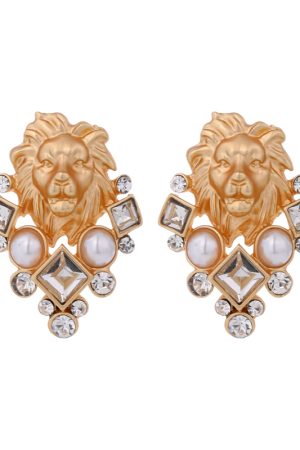 Vintage Pearl Earrings with Diamond-Studded Lion Head, Court Style, Imitation Pearl Design, Elegant Statement Jewelry