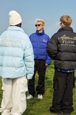 Vintage Pearl Embroidery Down Jacket with Text Design, Self-Heating, Black and Gold Lining, Retro Style