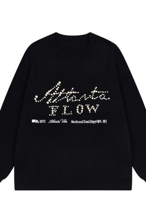 Vintage Pearl Embroidery Knitted Sweater - Loose Fit Round Neck - Old Money Style - Classic American Fashion