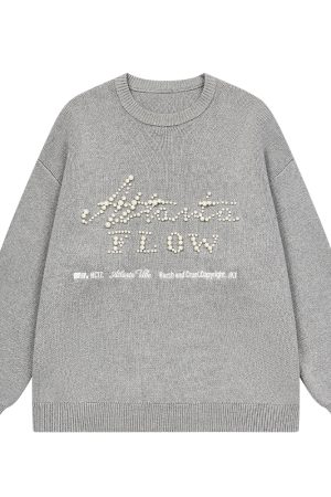 Vintage Pearl Embroidery Knitted Sweater - Loose Fit Round Neck - Old Money Style - Classic American Fashion