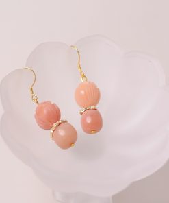 Vintage Pink Bodhi Root Lotus Hanfu Earrings - Retro National Style Pure Silver Pendants for Women, Elegant Chinese Design